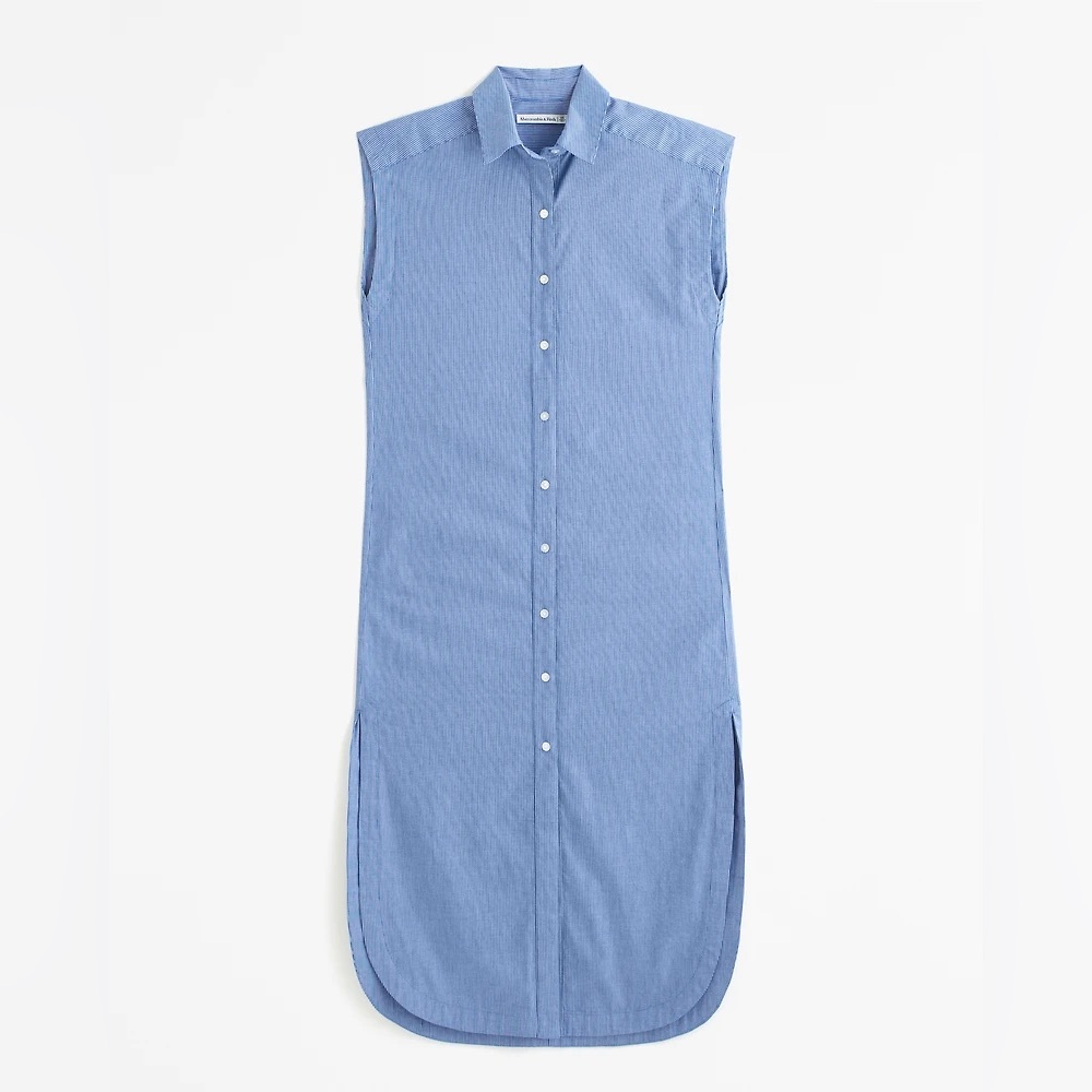 ABERCROMBIE PINSTRIPE COTTON POPLIN MIDI SHIRT DRESS COASTAL RESORT Blue White S - Picture 4 of 11